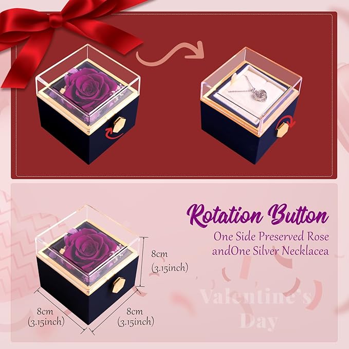 Preserved Real Purple Forever Rose Rotating Box with I Love You Necklace 100 Languages,Forever Flowers Rotating Jewelry Box Gifts for Women Mom Wife Girlfriend,Mothers Day Birthday Anniversary