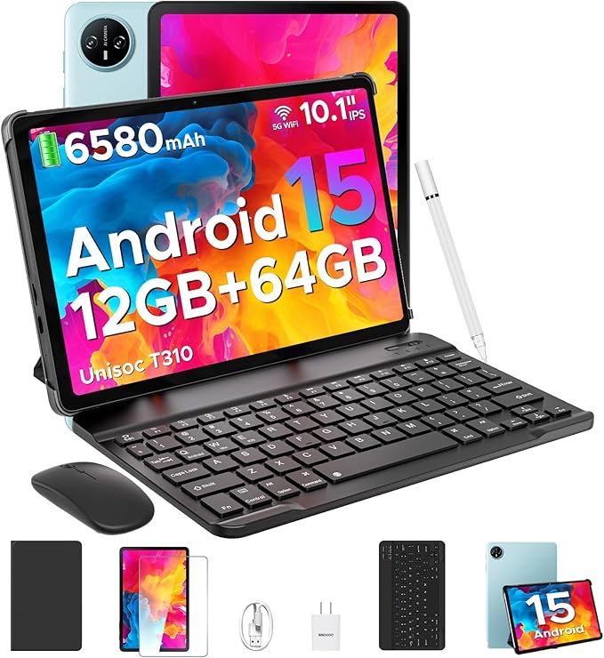 DOOGEE Tab A9 Android Tablet,10 inch Tablet,12GB+64GB/2TB TF,6580mAh Gaming Tablets,2.0GHz Quad Core,1280x800 IPS HD,Dual Speakers,5G WiFi,BT5.0,Face Unlock,Android 15 Tablet with Keyboard,Pen&Mouse