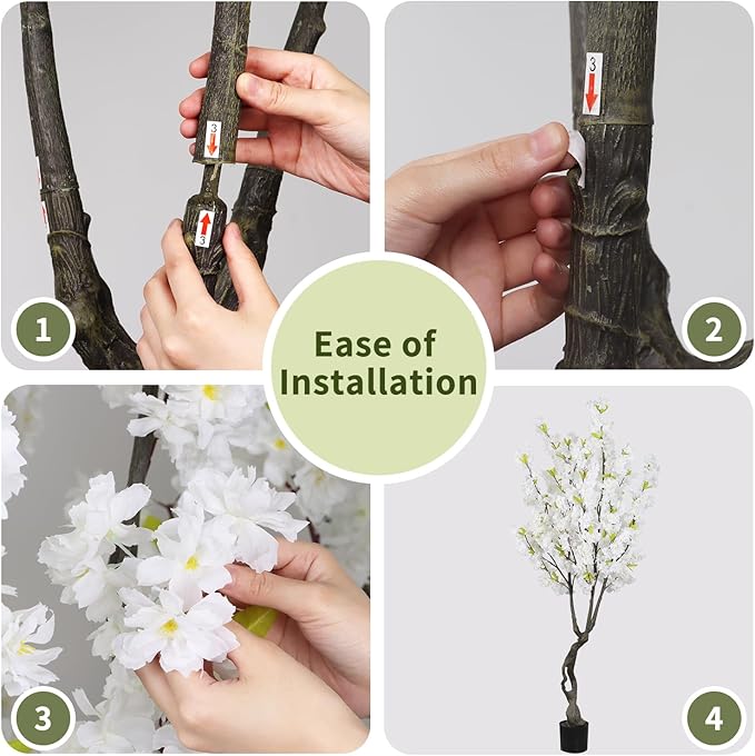 6.23ft Tall White Artificial Cherry Blossom Trees, Realistic Flower Faux Silk Leaves Plant, Fake Cherry Blossom Tree for Home Office Indoor Outdoor Party Wedding Christmas Decor
