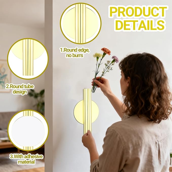 2 Pack Gold Circular Wall Vases for Flowers, Metal Hanging Wall Planters for Modern Home Decor, Hanging Flower Vase Holder for Faux & Dried Flowers, Wall Planters for Living Room & Bedroom Decor