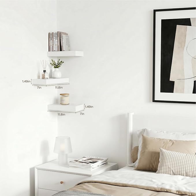 White Floating Shelves for Wall Set of 3, 11.8 Inch Small Wall Shelves for Bathroom Over Toilet, Kitchen & Bedroom Storage, Wall Mounted Shelf Set for Decor, Books & Toiletries