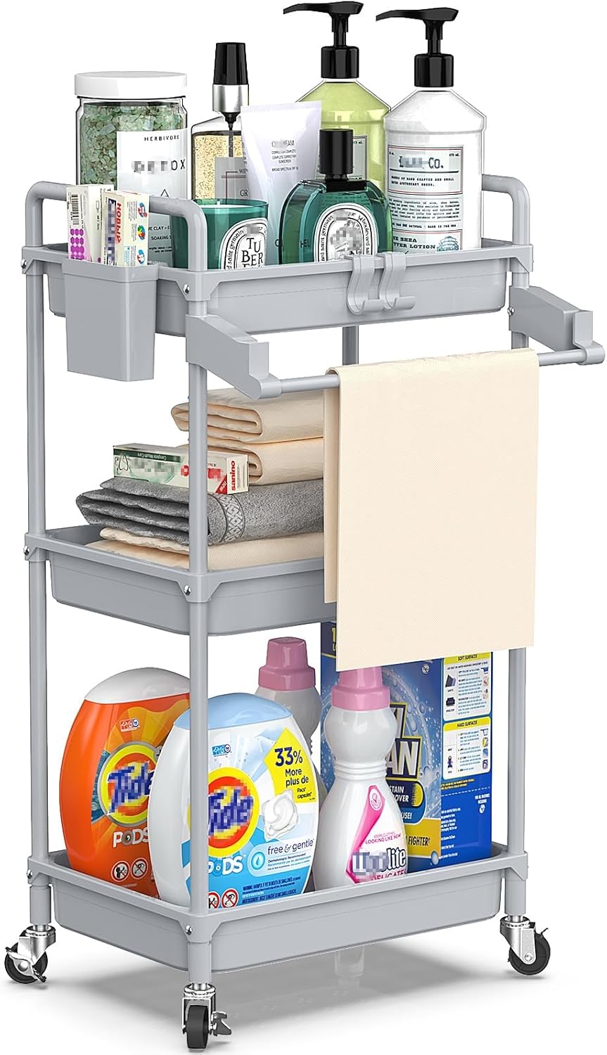 SPACEKEEPER Rolling Storage Cart - 3 Tier Utility Cart for Laundry & Bathroom Organization | Grey with Lockable Wheels & Hooks