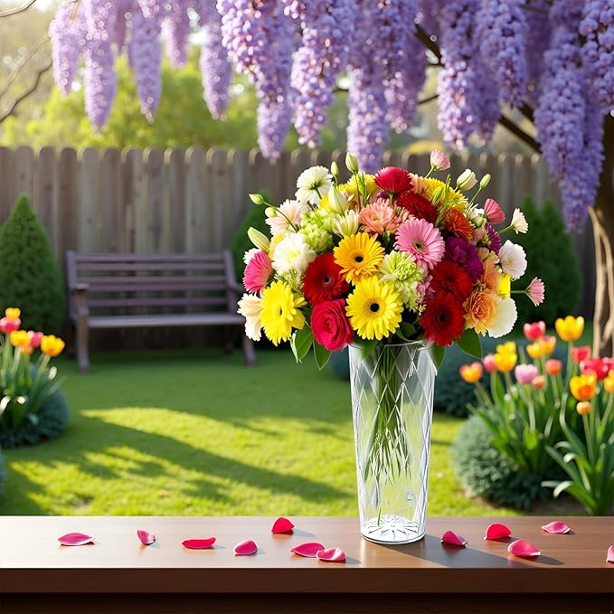 Clear Acrylic Ribbed Vase Wide Flower Plastic Vases for Centerpieces Mouth Vase Pot Container Large Cylinder Decorative Display Tulips Wide for Home Wedding Party Table Home Shatter-Proof