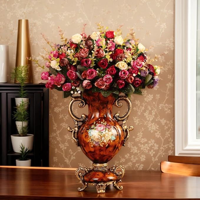 European Golden Resin Vintage Vase Set with Artificial Flowers, Retro Fake Floral Arrangement for Wedding Party Home Table Decor Centerpiece