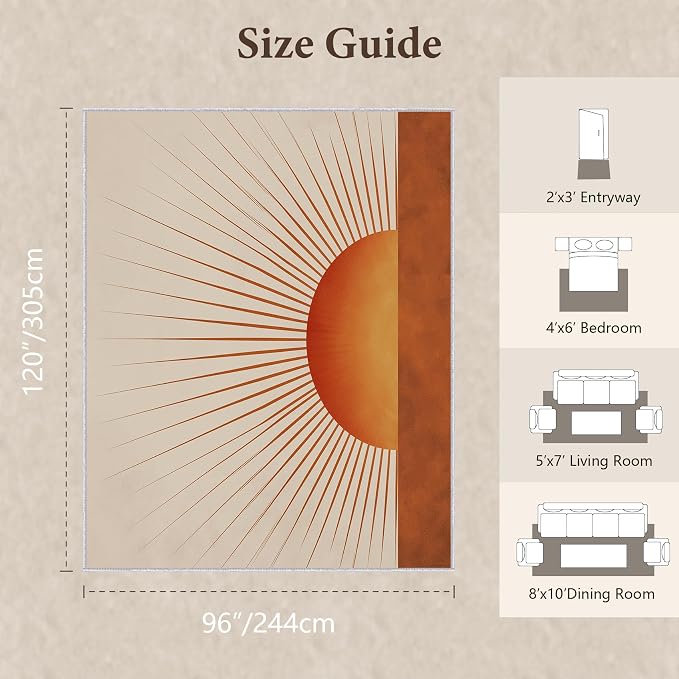 Sunburst Area Rug 8x10, Retro Sun Design Rug, Mid Century Modern Carpet for Living Room Bedroom, Soft Non Slip Washable Area Rug
