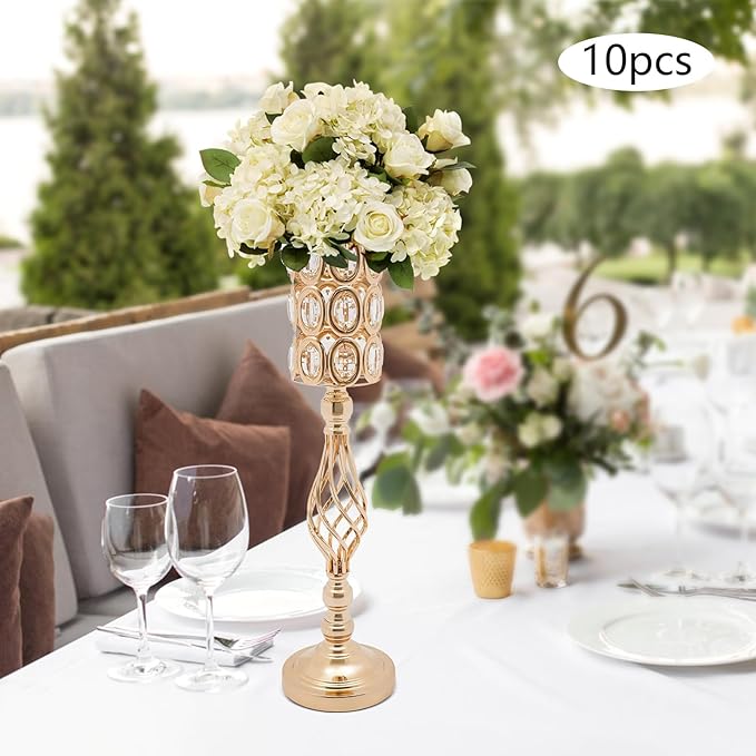 10 PCS Gold Wedding Centerpiece Vases, 24.02in Metal Crystal Wedding Centerpiece Vases, Crystal Metal Flower Vase Stand, for Wedding Party Reception, Dining Room Living Room Décor