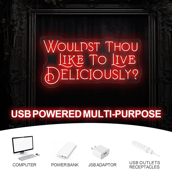 Wouldst Thou Like to Live Deliciously?Live Deliciously Neon Sign, Vintage Font Decor,Goth Room Decor,Gothic Horror Sign,Gothic Halloween Sign, Encouraging Light, Pink Led Light for Bedroom, Club