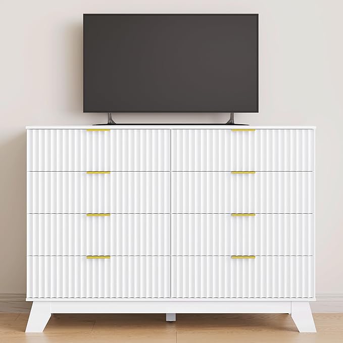 Fluted Dresser for Bedroom, 8 Drawer Dressers & Chest of Drawers, Mid Century Modern Dresser for Closet Boho Bedroom Furniture, Nature Wood Chest of Drawers Storage Organizer for Living Room, White