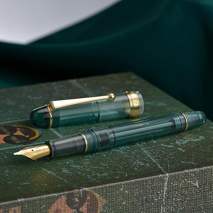 Asvine V126 Vacuum Filling Fountain Pen, Transparent Teal Acrylic Stub Nib 1.1mm Calligraphy Art Drawing with Case Set