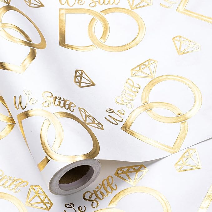RUSPEPA Anniversary Wrapping Paper Roll, Mini Roll, Gold Foil We Still Do Design with Wedding Ring, Elegant Gift Wrap for Wedding, Anniversary, Engagement, Bridal Shower, 17 Inches x 16.4 Feet