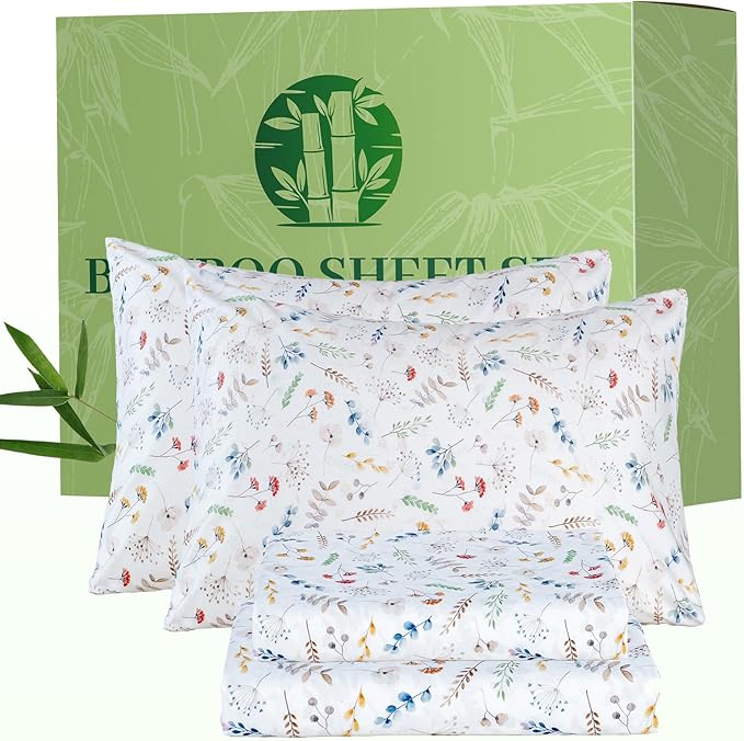 Bedlifes Extra Deep Pocket 18-24" Queen 4-Piece Sheet Set - Cooling Sheets Blend Rayon Derived from Bamboo Soft & Breathable Floral Design