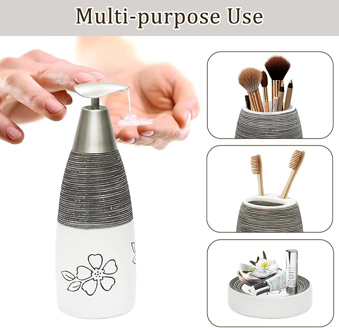 CERBIOR Bathroom Accessories Set,4 Pcs Ceramic Bathroom Decor Accessory,Includes Toothbrush Holder, Toothbrush Cup, Soap Dish for Decorative Countertop and Housewarming Gift, (White Flower)