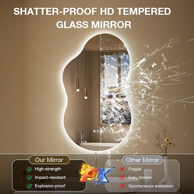 Irregular Cloud Backlit Bathroom Mirror 24x36 Inch, LED Vanity Mirror with Lights Anti-Fog, Dimmable 3 Colors, 4mm Tempered Glass, Horizontal/Vertical Wall Mount for Bathroom or Makeup Area