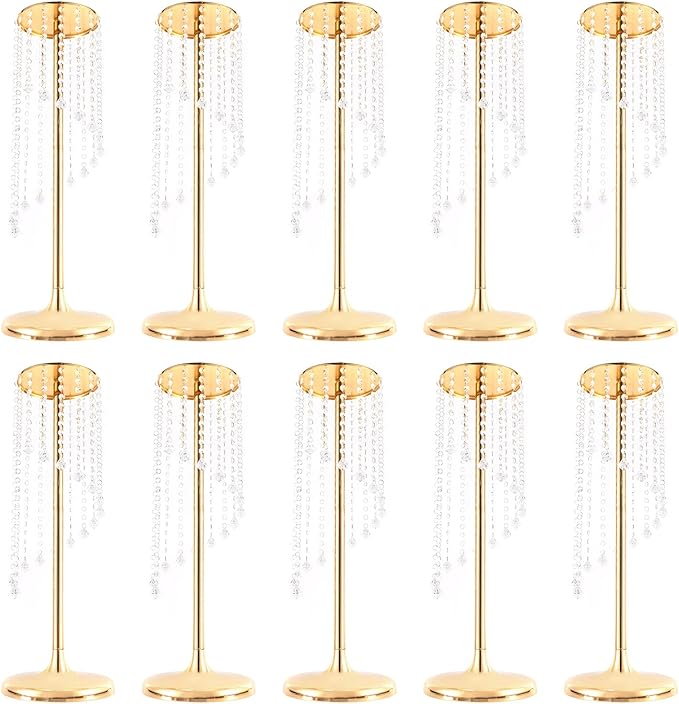 Bud Vases | Vase| 10PCS Gold Crystal Flower Vases | 27.5" Height | Elegant Wedding Centerpieces | Sparkling Crystal Accents | for Wedding Aisle Decor, Wedding Reception, Event Centerpieces