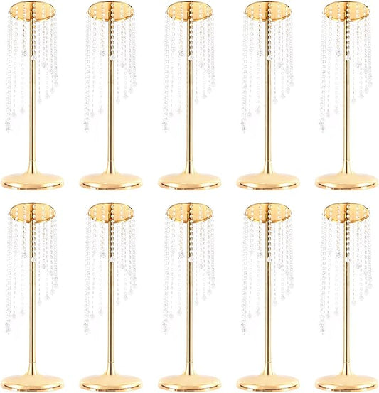 Bud Vases | Vase| 10PCS Gold Crystal Flower Vases | 27.5" Height | Elegant Wedding Centerpieces | Sparkling Crystal Accents | for Wedding Aisle Decor, Wedding Reception, Event Centerpieces