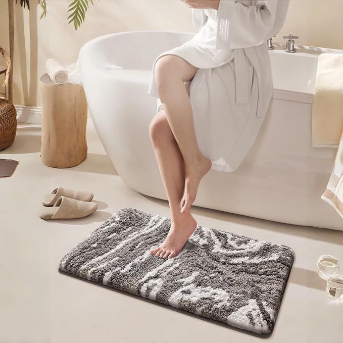 Ankah Luxurious Nordic Bathroom Rug, Extra Soft Fluffy Bath Mat, Absorbent, Non-Slip, Easy to Care and Fast Drying, Modern Style Marble Pattern Shower Rug, Home Decor Accessories, 17.3"x29.9", Gray