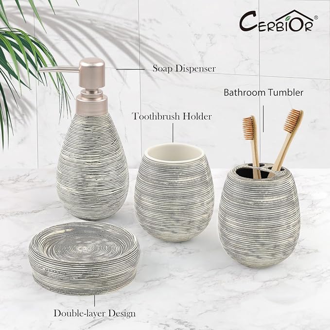 CERBIOR Bathroom Accessories Set,4 Pcs Ceramic Bathroom Decor Accessory,Includes Toothbrush Holder, Toothbrush Cup, Soap Dish for Decorative Countertop and Housewarming Gift(Grey 4pcs)
