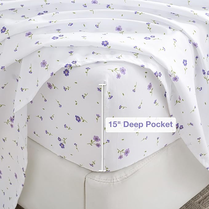 Softan Floral Queen Sheet Set Purple Flower Bed Sheets Printed Queen Size - 4 Piece Microfiber Patterned Fitted Sheets with 15" Deep Pocket, Spring Flower Sheets and Pillowcase Set