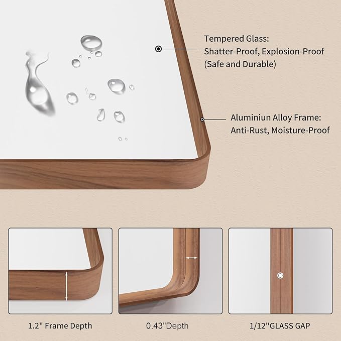 LOAAO 72X32 Inch Bathroom Mirror with Wood Grain Colored Metal Frame, Rounded Rectangle Metal Framed Bathroom Mirror, Anti-Rust, Hangs Horizontally or Vertically, Tempered Glass