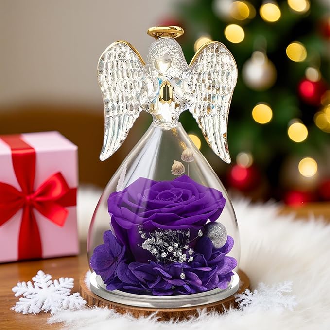 Yamonic Mom Birthday Gifts for Mom Grandma, Angel Figurines with Real Rose Gifts for Women Moms, Preserved Flowers Rose Glass Angel for Mothers Day Christmas Valentine's Day Gifts for Her(Purple)
