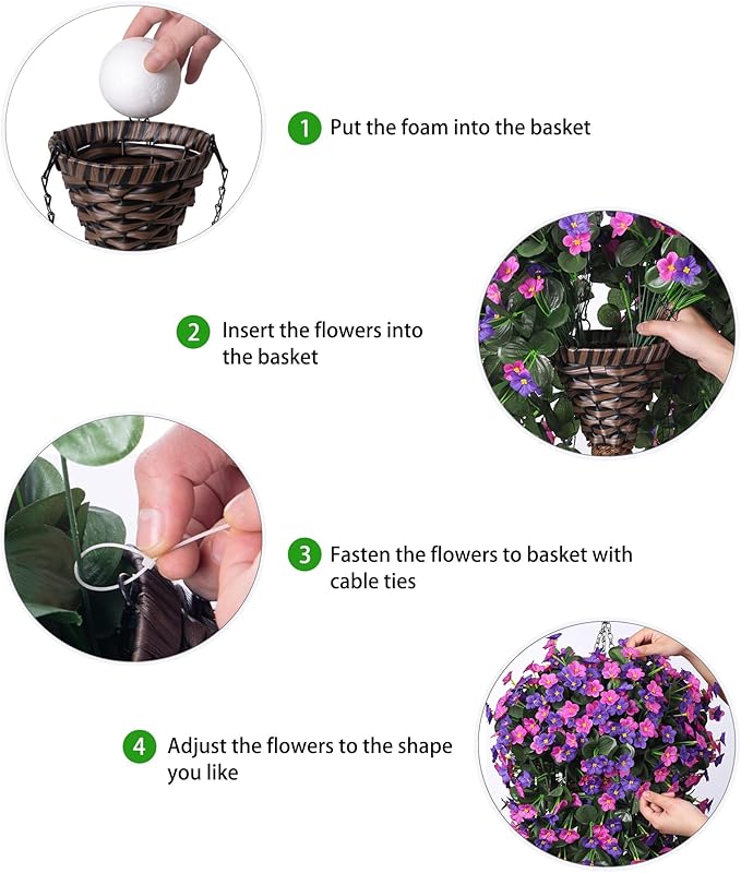 Artificial Fake Hanging Flowers with Basket for Outdoor Decoration,UV Resistant Faux Silk Daisy Flowers Dark Purple and Fuchsia Orchid Vines in Planter Realistic Hanging Baskets for Home Porch Garden