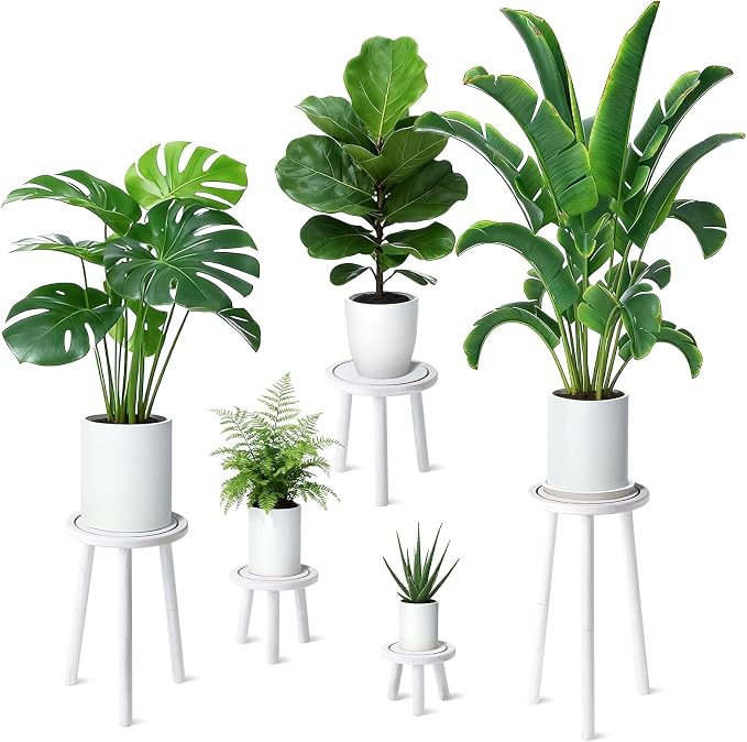 5-Pack Wood Plant Stands Indoor, Single Plant Stand for 6-22 Inch Pots, Mid-Century Modern Plant Stool, Tall Plant Stand for Large Plants Perfect Fit for Living Room, Balcony, Office(Retro White)