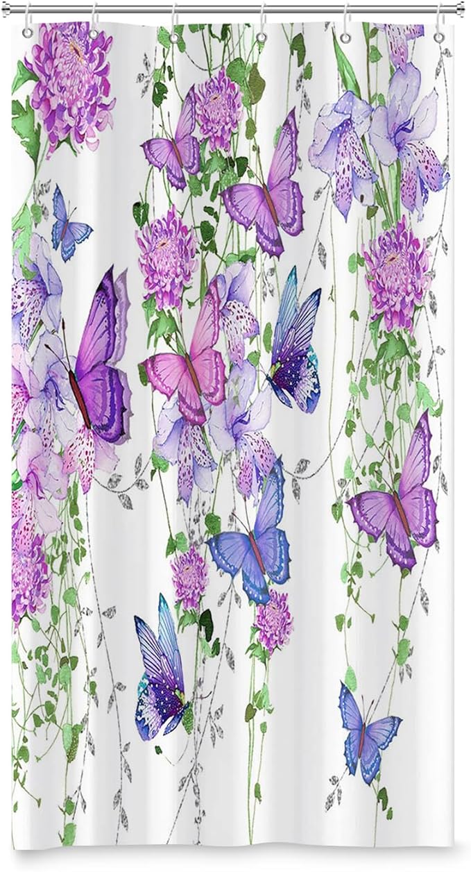 Violet Butterfly Floral Shower Curtain Spring Lavender Shower Curtain Lilac Pink Floral Bathroom Decor Waterproof Polyester Fabric with 10 Hooks,54x78 Inches