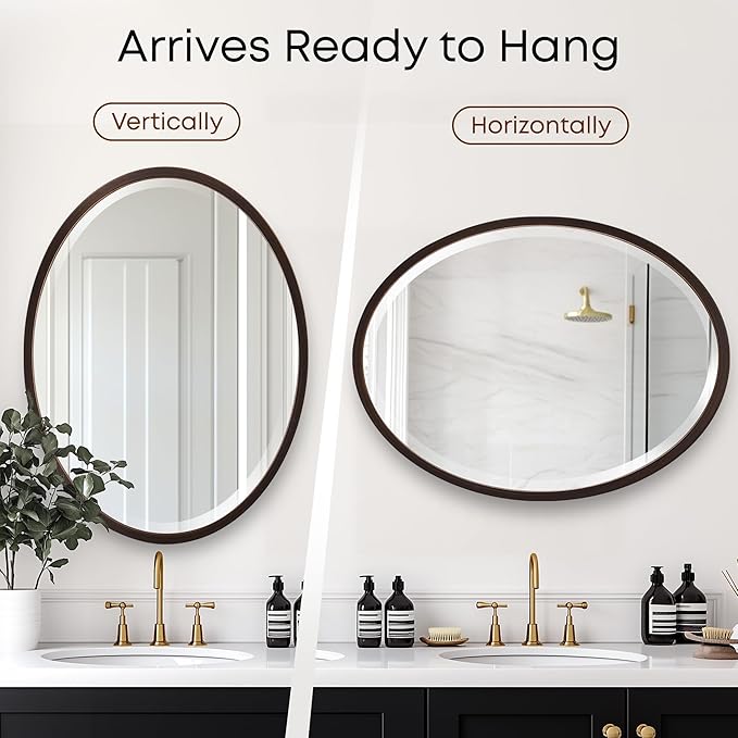 OVALCREST - Oval Wooden Beveled Wall Mirror for Home Decor, Bathroom, Vanity, Bedroom, Living Room, Hallway - London Style (Rubbed Bronze) 29.1 x 23.1