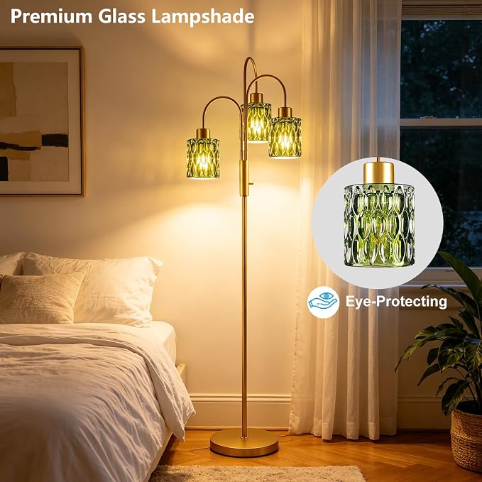 70" Glass Floor Lamp, 3-Light Gold Dimmable Standing Tall Lamp with Green Ribbed Glass Shades &3PCS 3000K Warm White Bulbs, Modern Tree Pole Lamp for Living Room Bedroom Home Decor
