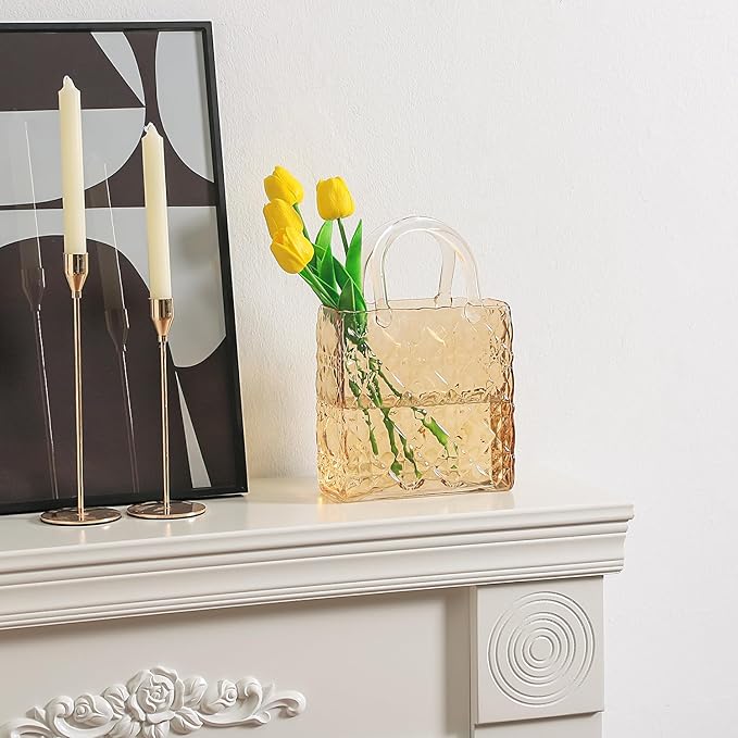Glass Purse Vase, Glass Bag Vase, Amber Vases for Flowers, 12 Inch Large Flower Vases with Embossed Pattern for Wedding, Living Room, Bedroom, Table, Office(Tote)