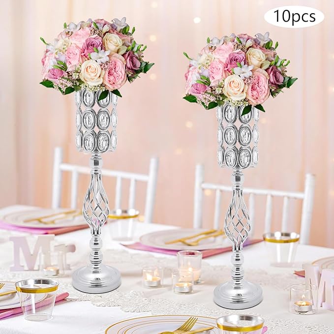 Wedding Centerpieces for Tables, 10 Pcs Vases for Centerpieces with Crystal Beads, 24in Tall Wedding Vase for Tables, Metal Flower Vase Stand with Crystal Beads(Silver)
