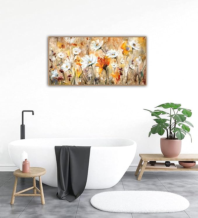 Framed Abstract Floral Wall Art for Living Room Decor Flowers Canvas Wall Pictures White Red Orange Yellow Brown Modern Daisy Artwork Canvas Prints Bedroom Kitchen Office Home Wall Decor 20"x 40"