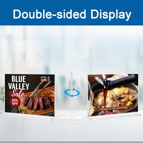 BlueValley Acrylic Sign Holder - Double-Sided Clear Display Stand for Menus & Flyers | 7x5 Desktop Frame - 6 Pack