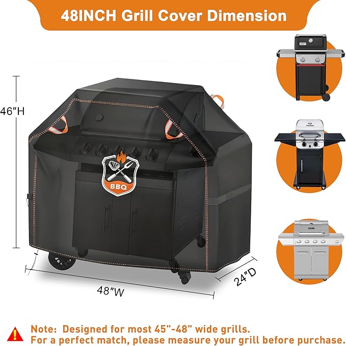 Kinetrail Grill Cover, Universal 48" BBQ Grill Cover for Outdoor Grill, Waterproof, Weather Resistant, Fade Resistant Gas Grill Cover with Adjustable Double Straps for Weber, Char-broil, Nexgrill, etc