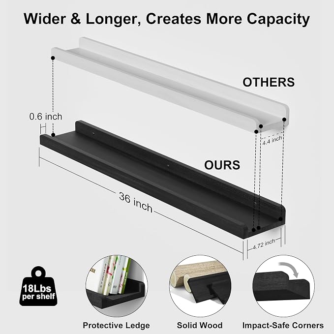 Love-KANKEI 36 Inch Long Floating Shelves Wall Mounted Set of 2, Large Wood Wall Shelves for Storage,Rustic Hanging Shelves for Display,Bedroom, Living Room,Bathroom,Kitchen, Black