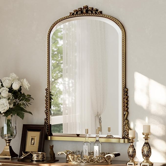 28"×40" Gold Wide Arched Wall Mirror, Vintage Carving Bathroom Vanity Makeup Mirror, as Wall Decor Hanging Leaning for Fireplace Mantle, Living Room, Bedroom, Vanity Area