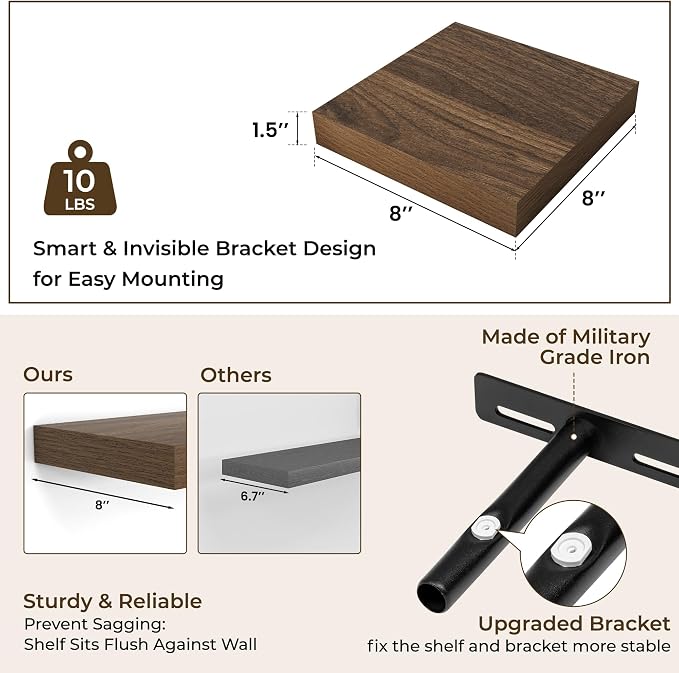 RICHFOCUS 8 Inch Floating Shelves for Wall Small Square Shelves Set for Bedroom|Kitchen|Bathroom|Laundry Room Rustic Wood Wall Mounted Shelf with Invisible Brackets for Books|Storage|Decor, Walnut