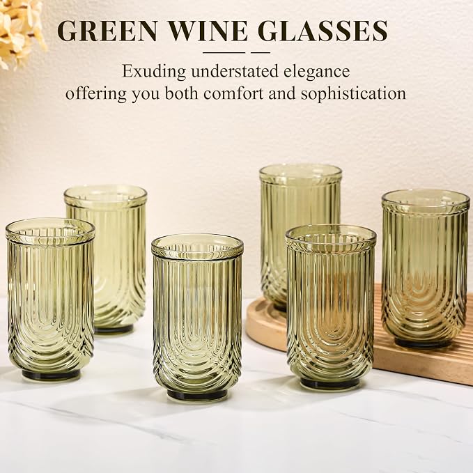Green Vintage Drinking Glasses Set of 6-17oz Hand-Blown Highball Ribbed Glassware, Arch Design Cocktail Glasses for Whiskey Water Beverages Ice Coffee Juice Milk