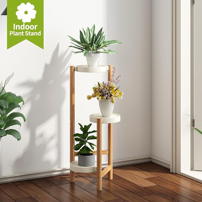 BMOSU Plant Stand For Indoor Outdoor Bamboo 3 Potted Holder Shelf Plant Rack Plants Corner Plant Shelf Plant Display Rack(White)