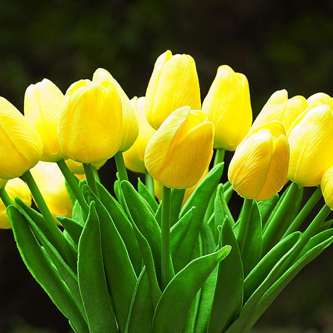 ENOVA HOME 20 Pieces Artificial Real Touch Tulips Flower Arrangement in Glass Vase with Faux Water for Home Decoration (Yellow)