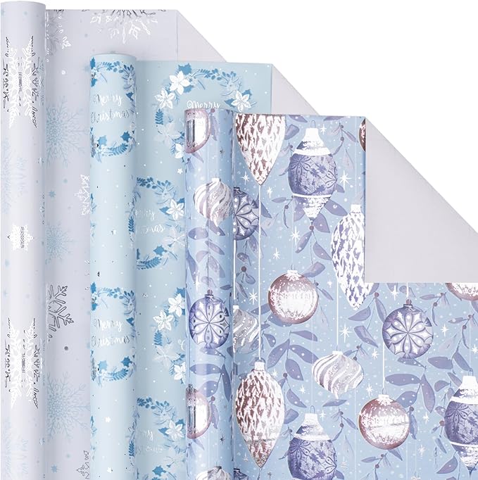 LeZakaa Blue Christmas Wrapping Paper Mini Roll, Silver Blue Winter Ornaments, Floral Wreath, Snowflake Holiday Gift Wrap, Arts Craft, for Xmas Winter Party Men Women, 17 x 120 inches, 3 Rolls