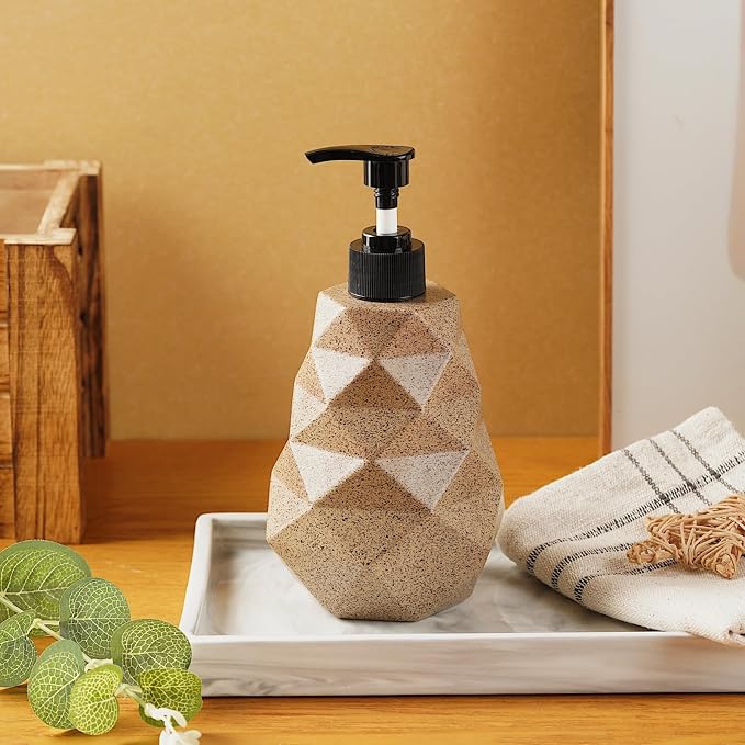 Geometric Resin Soap Dispenser, Refillable Hand Soap Pump Bottle for Bathroom & Kitchen, Modern Stone-Look Lotion Dispenser, 10 oz（300ml） Decorative Countertop Soap Dispenser