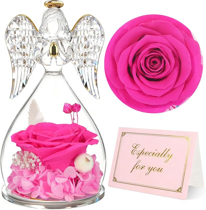Yamonic Birthday Gifts for Mom,Christmas Angel Figurines with Real Rose Gifts for Her Mom Grandma,Preserved Flowers Rose Glass Angel Figurine for Mothers Day Christmas Birthday Gifts for Her(Hotpink)