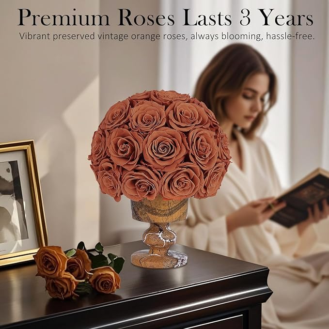 Forever Flowers Preserved Roses in Marble Vase, Fall Flower for Delivery, Eternal Roses Autumn Gift for Women, Table Centerpiece Flowers for Home Decor Party Living Room Bedroom Vintage Orange