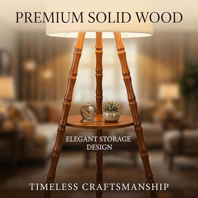 LAMSU Solid Wood Tripod Floor Lamp with Shelf, Mid Century Bobbin Standing Lamp with Fabric Shade and Foot Switch, Retro Farmhouse Tall Corner Lamps for Living Room Bedroom Office Reading, Brown