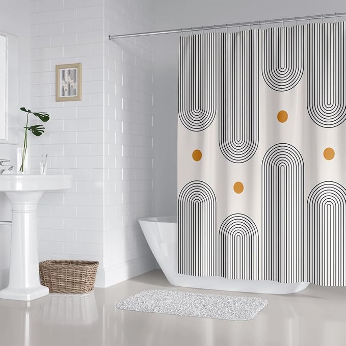 Mid Century Shower Curtain Boho Minimalist Abstract Arch Sun Simple Lines Geometric Modern Beige Bathroom Decor Waterproof Fabric 72Lx60W Inch with 12pcs Plastic Hooks