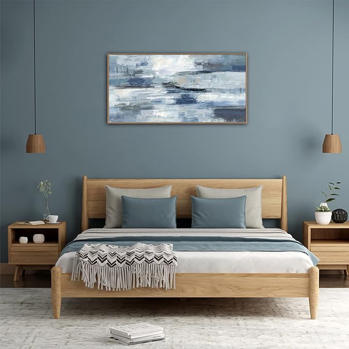 Abstract Framed Canvas Wall Art Vintage Blue White Grey Pictures Ocean Wall Decor Modern Artwork Painting Prints for Living Room Bedroom Bathroom Office Home Decoration Ready to Hang 24" X 48"