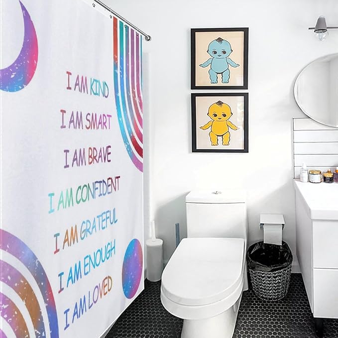 Rainbow Shower Curtain for Girls Bathroom, Boho Rianbow Quotes Inspirational Motivational Positive Colorful Pastel Green for Baby Kids Waterproof Fabric Shower Curtain Set with Hooks, 72"x84" Inch