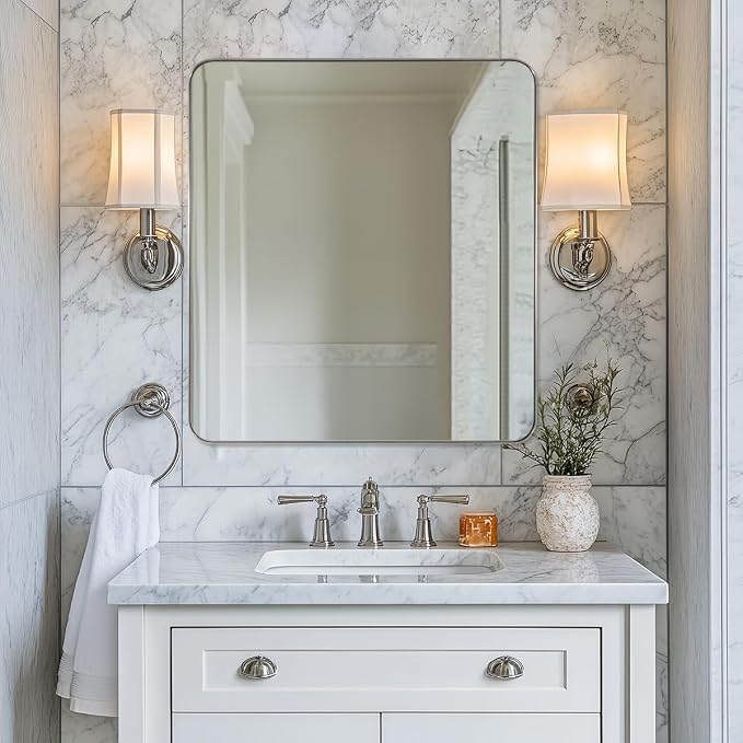 ANDY STAR Square Brushed Nickel Mirror for Bathroom, 24”x24” Silver Metal Frame Wall Mirror, Rounded Corner Stainless Steel Hangs Horizontal Or Vertical