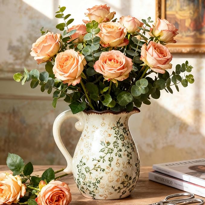 Green and Beige Vintage Vase with Handle, Ceramic Floral Pitcher Vase, Farmhouse Decorative Large Vases for Bouquet, Home Décor, Kitchen, French Country, Chinoiserie, Tuscan Decor, 8.3 Inch